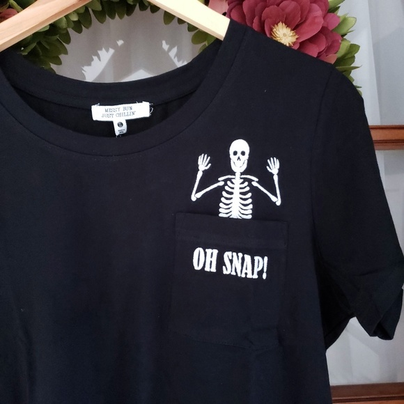 Messy Bun Just Chillin' Tops - Black Gothic Skeleton Tee